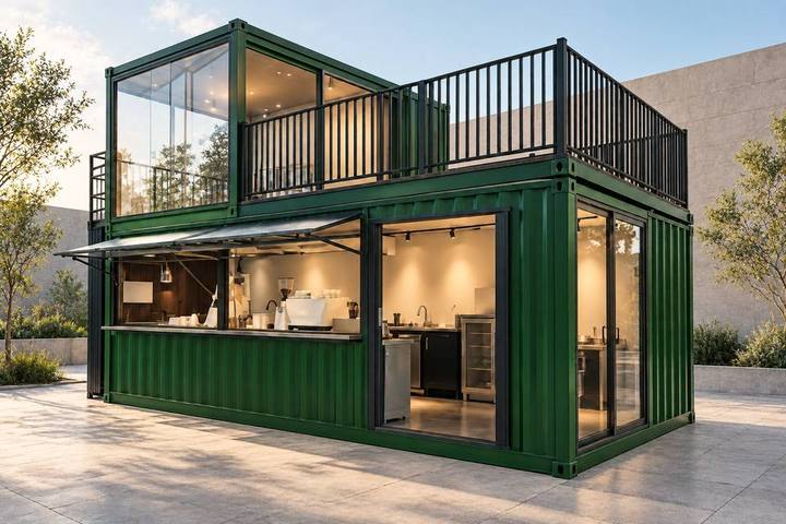 COM-11 · Cafetería verde de dos niveles